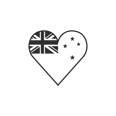 New Zealand flag icon in a heart shape in black outline flat design. Independence day or National day holiday concept.のイラスト素材