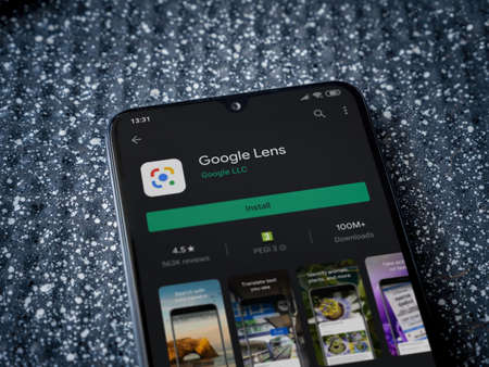 Lod, Israel - July 8, 2020: Google Lens app play store page on the display of a black mobile...