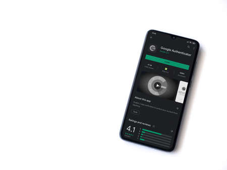 Lod, Israel - July 8, 2020: Google Authenticator app play store page on the display of a black...