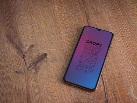 Lod, Israel - July 8, 2020: Drops - Language learning app launch screen with logo on the display of...