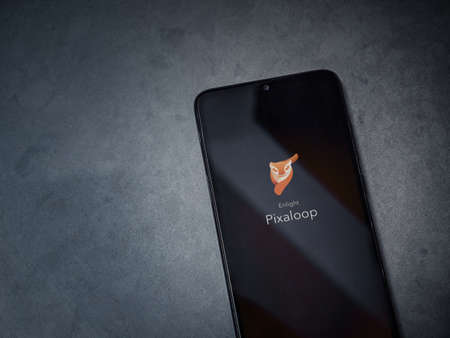 Lod, Israel - July 8, 2020: Enlight Pixaloop app launch screen with logo on the display of a black...