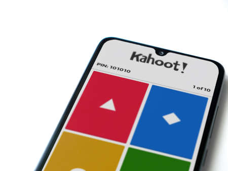 Lod, Israel - July 8, 2020: Kahoot! app launch screen with logo on the display of a black mobile...