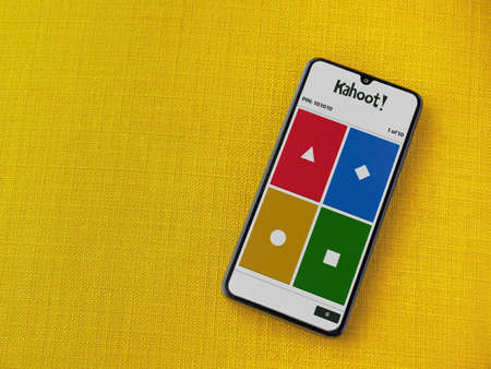 Lod, Israel - July 8, 2020: Kahoot! app launch screen with logo on the display of a black mobile...