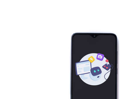 Lod, Israel - July 8, 2020: Mimo - Learning coding app launch screen with logo on the display of a black mobile smartphone isolated on white background. Top view flat lay with copy space.のeditorial素材
