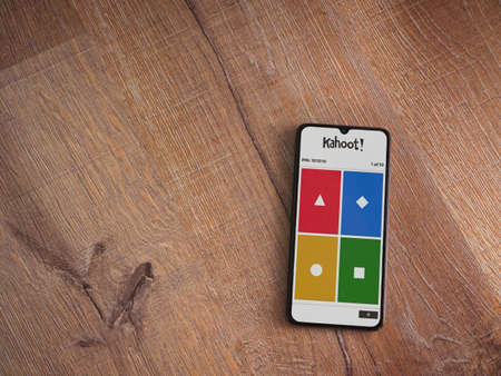 Lod, Israel - July 8, 2020: Kahoot! app launch screen with logo on the display of a black mobile...