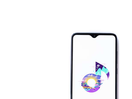 Lod, Israel - July 8, 2020: Mi Music app launch screen with logo on the display of a black mobile...