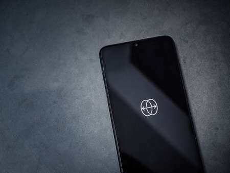 Lod, Israel - July 8, 2020: Reface app launch screen with logo on the display of a black mobile...