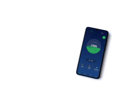 Lod, Israel - July 8, 2020: Leap Fitness Step Counterapp launch screen with logo on the display of a...