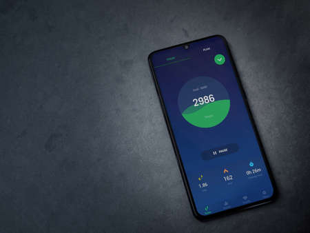Lod, Israel - July 8, 2020: Leap Fitness Step Counterapp launch screen with logo on the display of a...