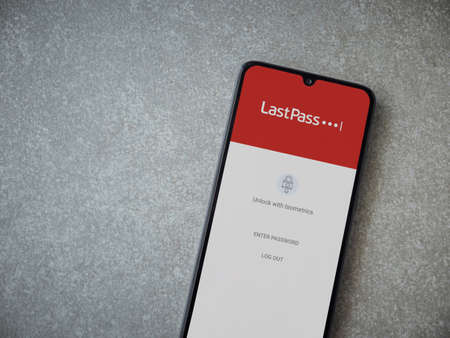 Lod, Israel - July 8, 2020: LastPass Password Manager app launch screen with logo on the display of...