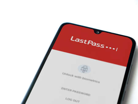 Lod, Israel - July 8, 2020: LastPass Password Manager app launch screen with logo on the display of...