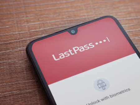 Lod, Israel - July 8, 2020: LastPass Password Manager app launch screen with logo on the display of...