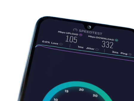 Lod, Israel - July 8, 2020: Speedtest app launch screen with logo on the display of a black mobile...