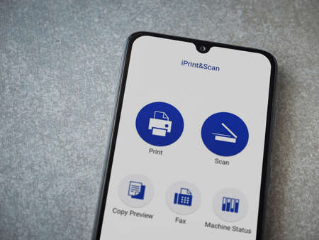 Lod, Israel - July 8, 2020: Brother iPrint&Scan app launch screen with logo on the display of a...