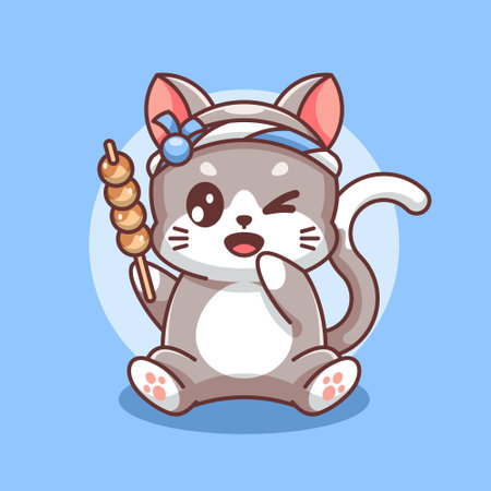 Cute cat wearing a Japanese headband and bringing takoyakiのイラスト素材