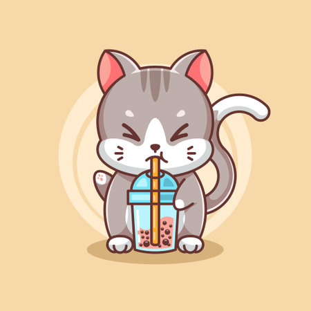 Happy cat drinking bubble milk teaのイラスト素材