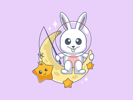 Cute bunny fishing for stars on the moonのイラスト素材