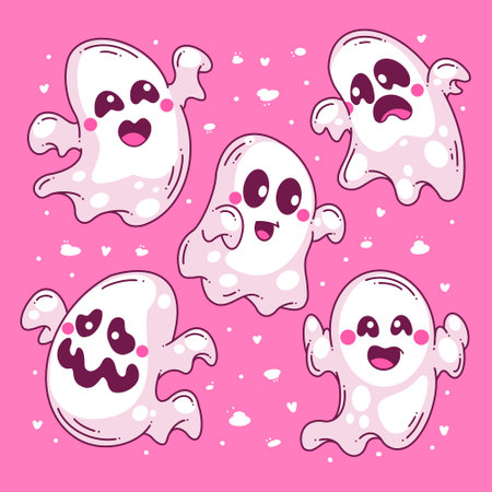 Hand-drawn Halloween cute ghost set doodle full colorのイラスト素材