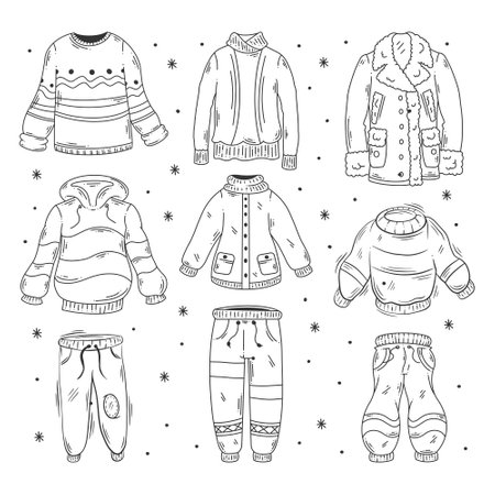 Warm clothes hand drawn doodle coloringのイラスト素材