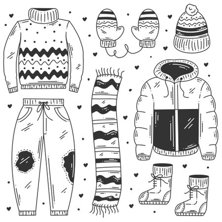 Winter essentials hand-drawn doodle coloringのイラスト素材