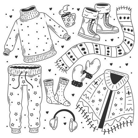 Winter clothes hand-drawn doodle coloringのイラスト素材