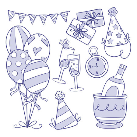 Collection of new year party elements for coloringのイラスト素材