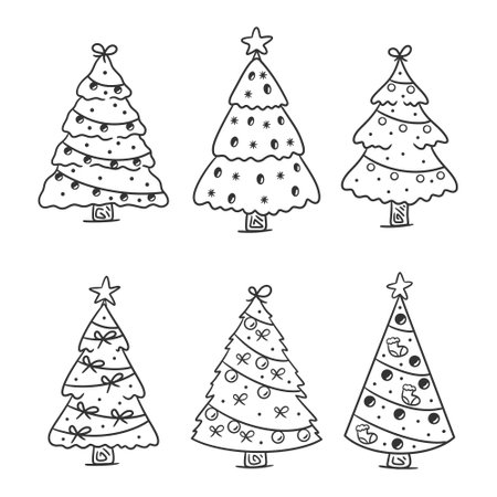 Christmas tree collection hand drawn coloringのイラスト素材