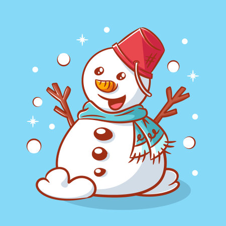 The cute snowman wears a neck warmer and has a bucket on his headのイラスト素材