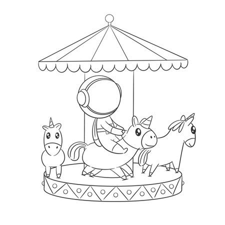 Astronaut playing the unicorn carousel for coloringのイラスト素材