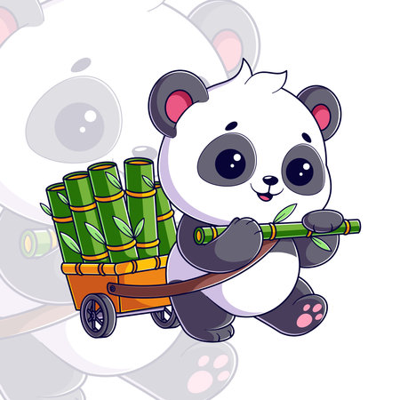 Illustration of a Cute Panda with a Cart and Bambooのイラスト素材