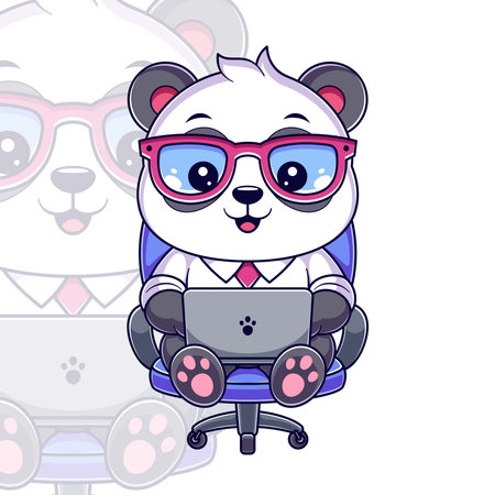 Cute Cartoon Panda Character With Laptop. Vector Illustration Isolated On White Backgroundのイラスト素材