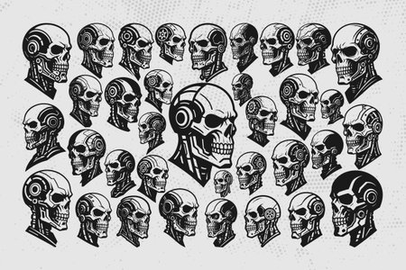 Cybernetic skulls in futuristic robotic designs for tech and gaming conceptsのイラスト素材