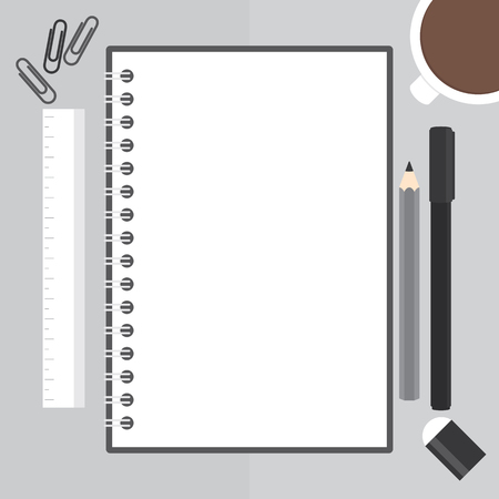 Flat design illustration of black notebook with paper sheet and stationery on grey backgroundのイラスト素材