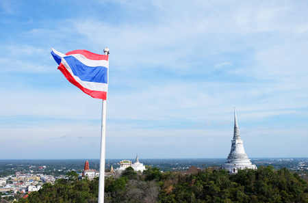 Landscape of pagoda with flag in the frontの写真素材