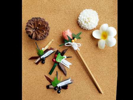 Christmas ornaments decoration on cork board with Thank you pinの写真素材