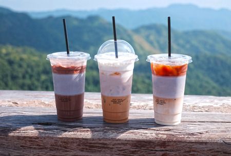 Morning coffee with beautiful mountain scenic viewの写真素材