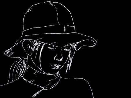 sketch of a girl in a hat on a black backgroundの写真素材