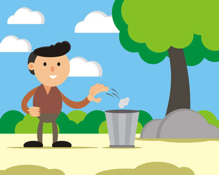 Man throwing garbage in the trash vector illustration, trash in the gardenのイラスト素材