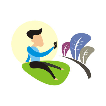 man use smartphone in the garden illustration vectorのイラスト素材