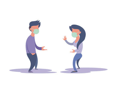 illustration vector graphic of man and woman social distancing and use face mask, perfect for info graphic, background, poster, medical, healthy, etc.のイラスト素材
