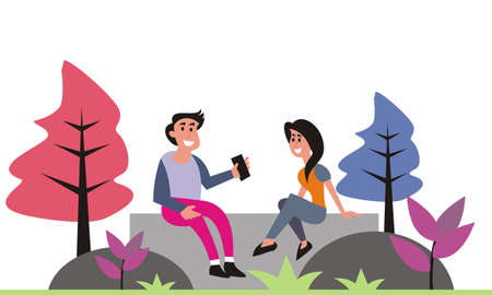 illustration vector graphic of a man and woman In a discussion, the man is holding a smartphone in out door, perfect for poster, background, flat, etc.のイラスト素材