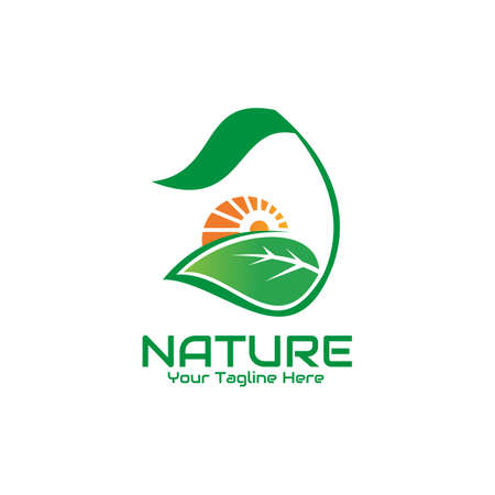 illustration vector graphic of the sun rises behind green leaves, perfect for nature logo, botany, ecology, bio, herbal, etc.のイラスト素材