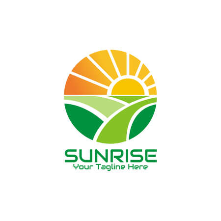 illustration vector graphic of the sun rises with orange skies on green pastures, perfect for nature, farm, ecology, bio, garden, etc.のイラスト素材