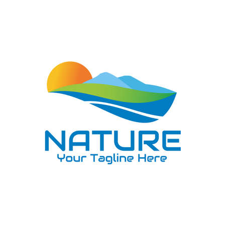 illustration vector graphic of a view of two mountains in a meadow flowing by a river, showing the rising sun, perfect for adventure, nature, camp, travel, holiday, etc.のイラスト素材