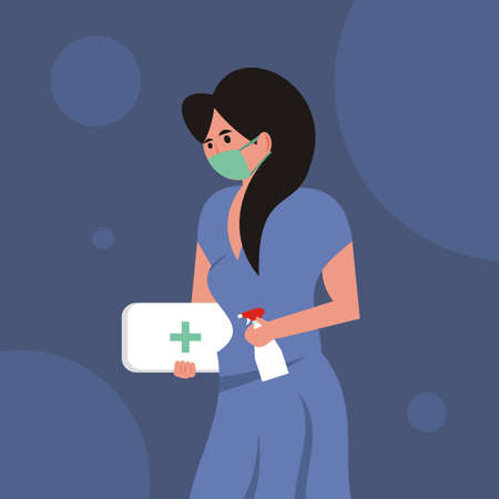 illustration vector graphic of a woman in a mask was carrying a medicine box and a disinfectant spray, perfect for medical, healthy, corona, covid-19, pandemi etc.のイラスト素材