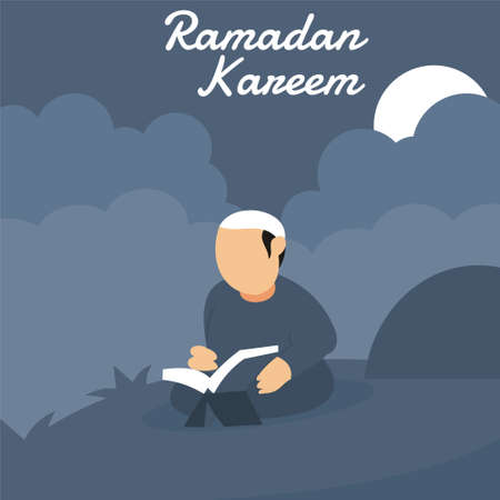 illustration vector graphic of a Muslim reading the Quran at night during the crescent moon, perfect for religion, background, poster, greeting, culture, etc.のイラスト素材