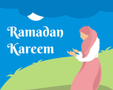 illustration vector graphic of Muslim woman praying in the garden on the night of Ramadan, perfect for islamic, ramadan kareem, religion, holiday, background, mubarak, etc.のイラスト素材