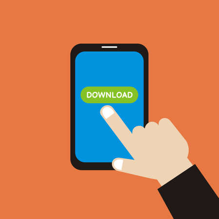 illustration vector graphic of hand pressing the download button on the smartphone, perfect for technology, internet, business, gadget, comunication, etc.のイラスト素材