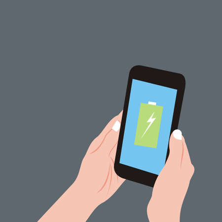 illustration vector graphic of hand holding smartphone, showing battery icon, perfect for...