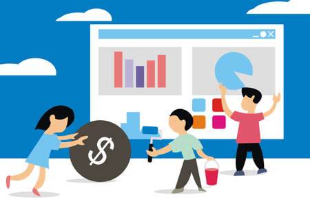 illustration vector graphic of three children are designing a website, perfect for technology, programer, cover, computer, internet, etc.のイラスト素材